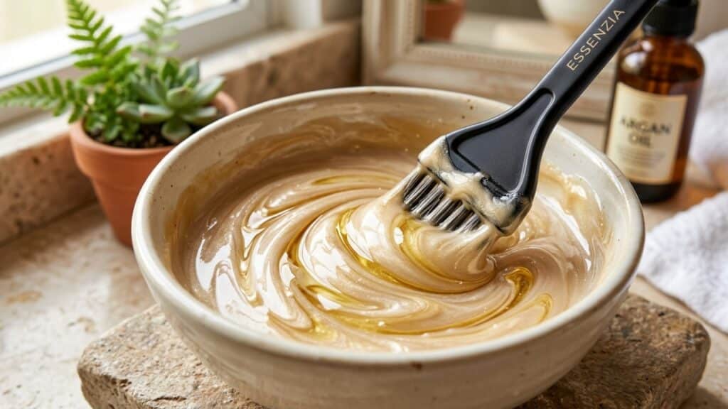 Detalhe macro de tintura cremosa enriquecida com óleos dourados