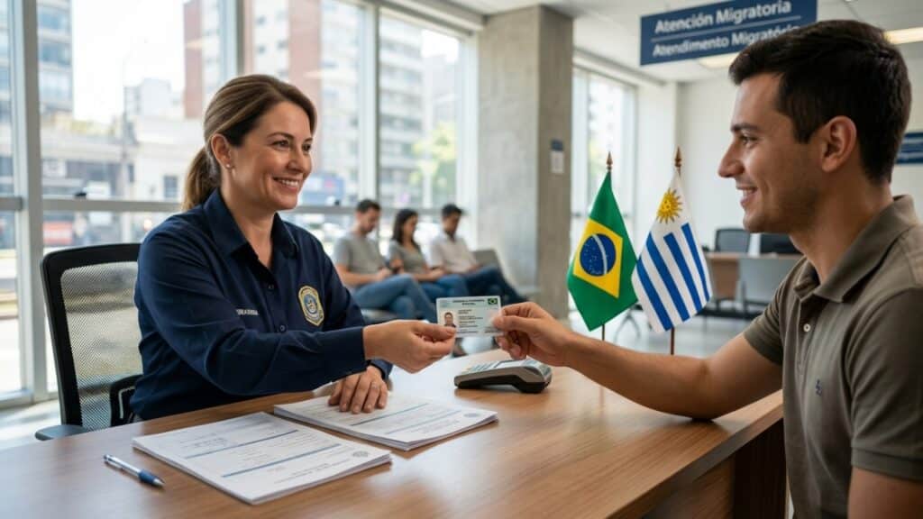Brasileiro recebendo cartão de residência em escritório migratório moderno