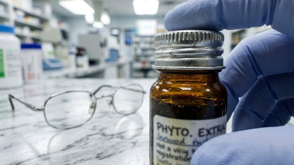 Frasco de extrato fitoterápico sob luz clínica