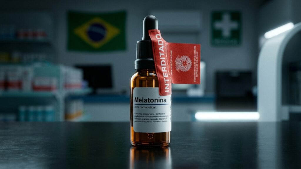 Frasco de melatonina com selo de interdição vermelho, simbolizando a suspensão da venda pela Anvisa