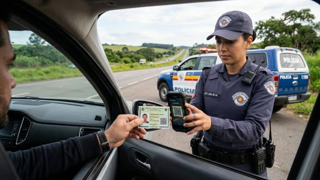 Policial utiliza scanner para verificar QR code da nova identidade em abordagem