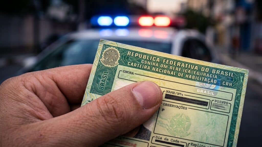 Segurando CNH com luzes de fiscalização ao fundo