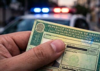 Segurando CNH com luzes de fiscalização ao fundo
