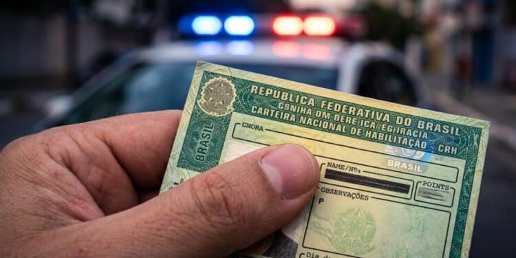 Segurando CNH com luzes de fiscalização ao fundo