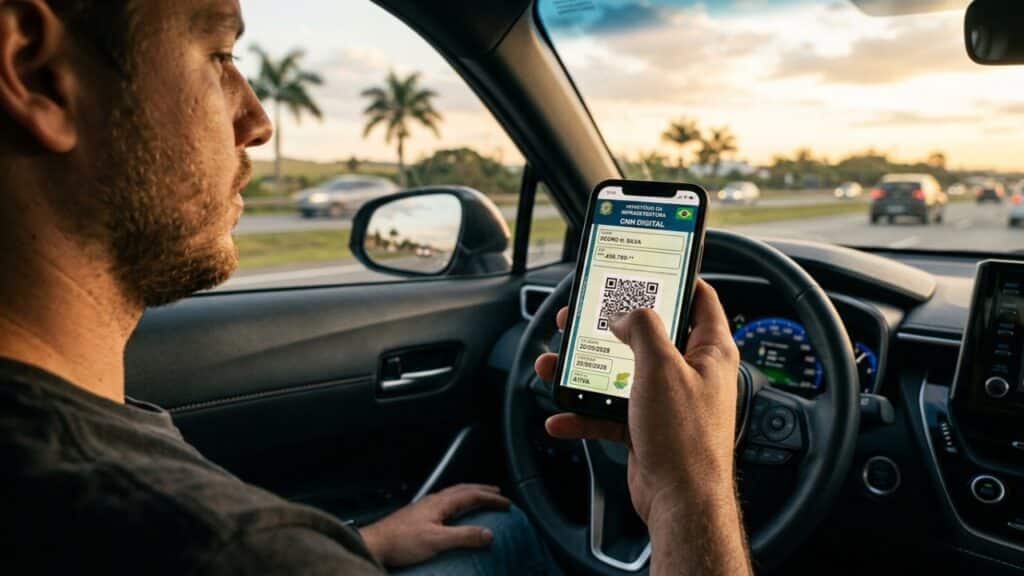 Motorista segurando celular com documento digital em um carro moderno ao pôr do sol