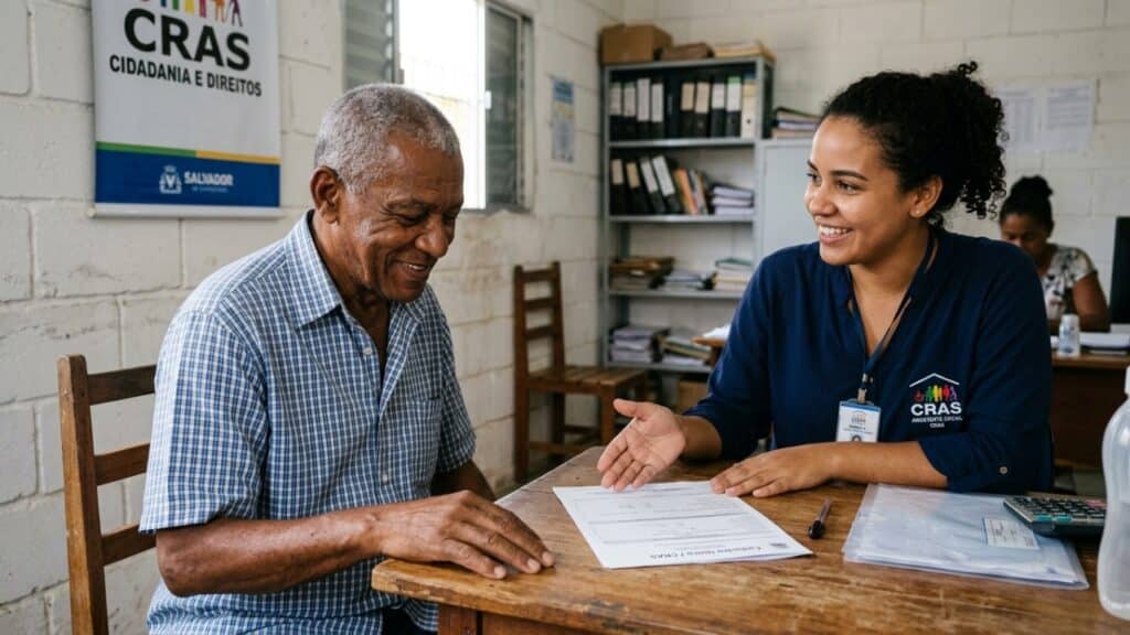 Idoso em atendimento no CRAS para atualizar seu cadastro social - Carteira da Pessoa Idosa