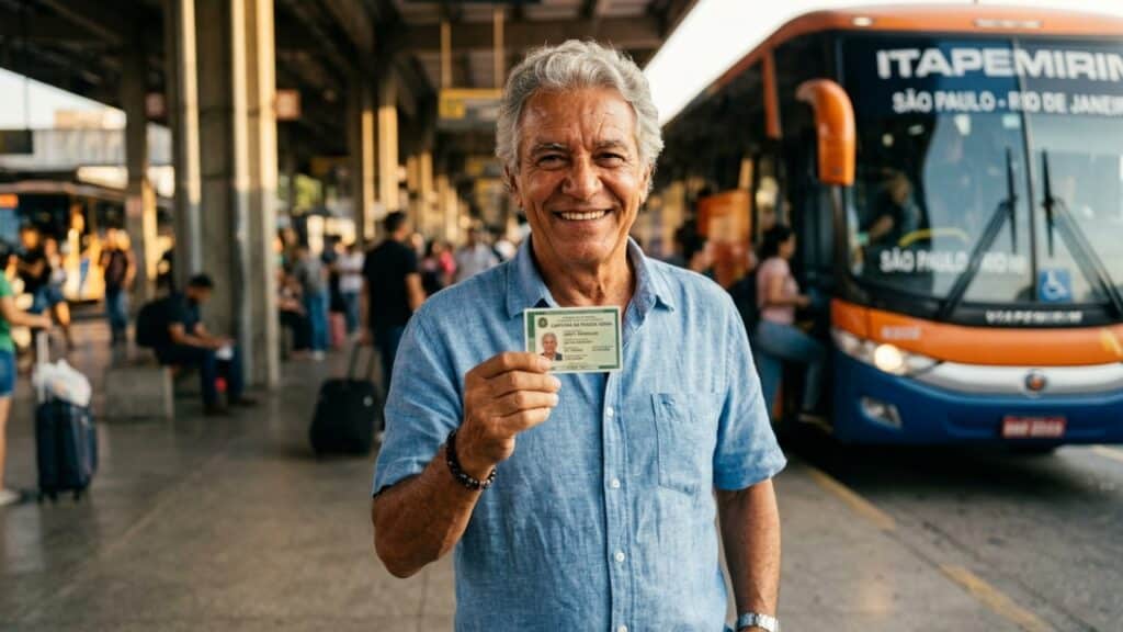 Idoso brasileiro sorridente segurando sua carteira em um terminal