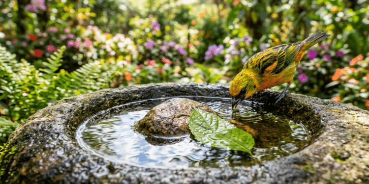 Se você tem um bebedouro para pássaros no jardim é preciso colocar um item natural dentro dele