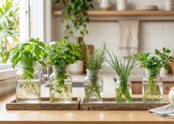 Cozinha com cheiro de horta: 5 temperos que vivem em potes de vidro com água (e decoram a bancada)