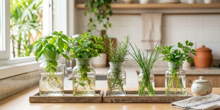 Cozinha com cheiro de horta: 5 temperos que vivem em potes de vidro com água (e decoram a bancada)