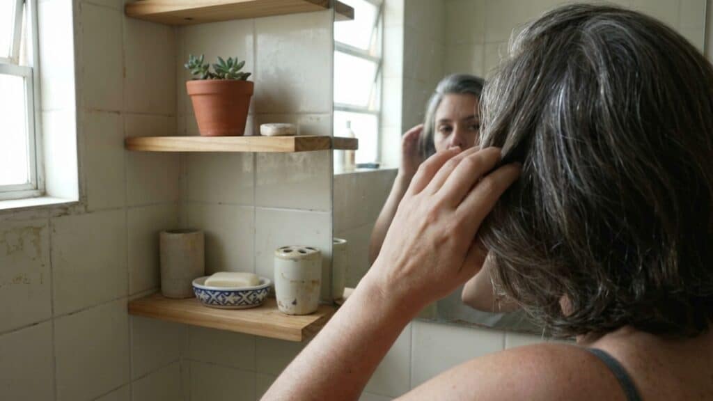 Pessoa observa fios brancos naturais no espelho do banheiro, ilustrando fatores genéticos e biológicos da cor