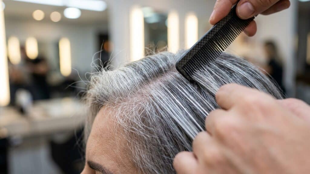 Pente separando mechas finas para técnica de blending, camuflando a transição dos fios brancos