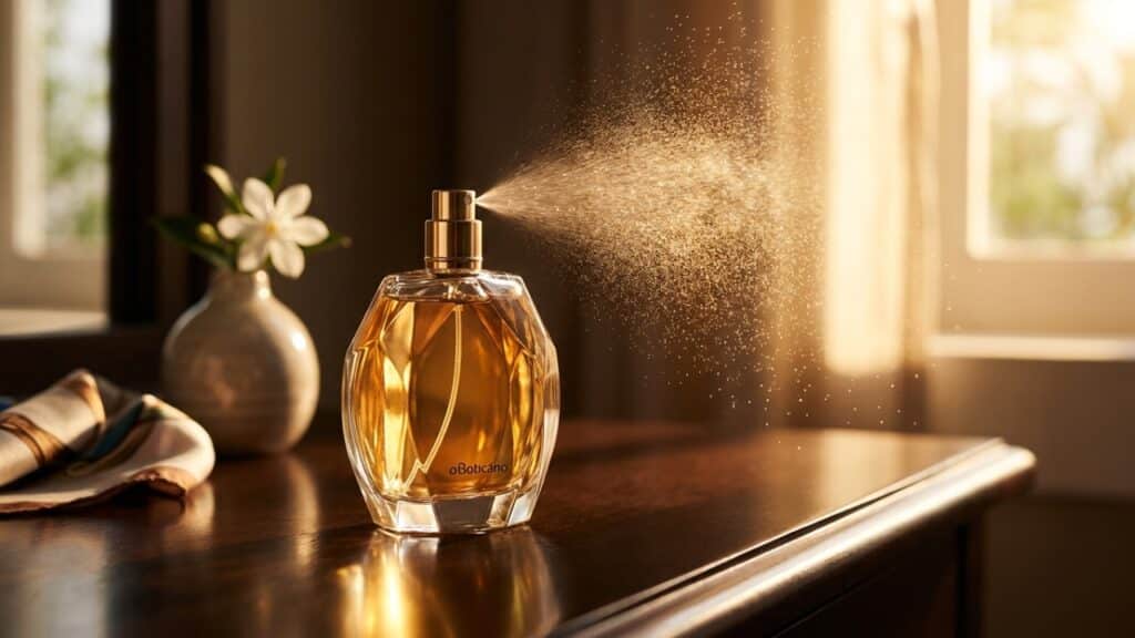 Frasco de perfume elegante sob luz solar dourada com spray em destaque, simbolizando fixação e sofisticação