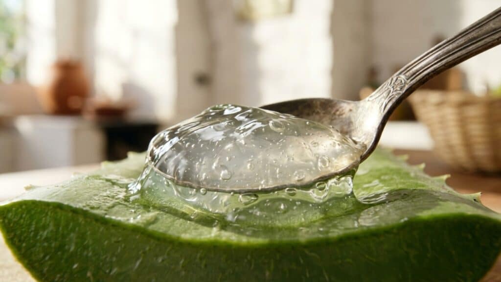 Extraindo polpa transparente de folha de babosa, representando o preparo artesanal do gel