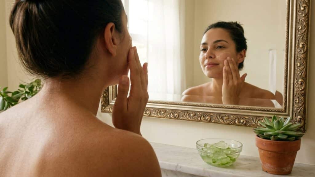 Mulher aplicando gel de babosa no rosto em frente ao espelho, ilustrando a rotina de hidratação e firmeza