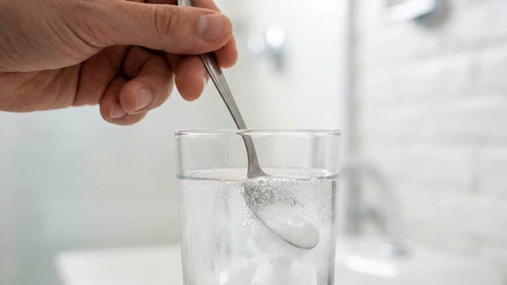 Misturando bicarbonato de sódio em copo d'água, representando o preparo da limpeza profunda