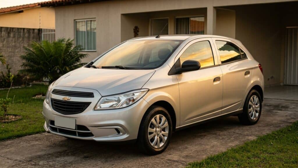 Carro conservado em garagem de casa simples sob o pôr do sol, representando a frota de 10 anos