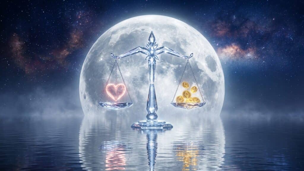 Balança de cristal gigante equilibrando amor e dinheiro sob a lua cheia