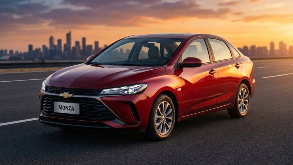 Novo Chevrolet Monza 2026 em ângulo cinematográfico sob a luz do pôr do sol