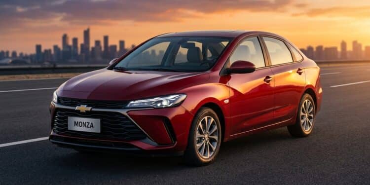 Novo Chevrolet Monza 2026 em ângulo cinematográfico sob a luz do pôr do sol