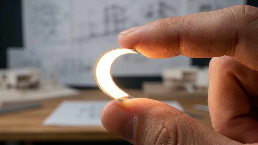 OLED flexível emitindo luz quente, destacando a textura da pele e a ausência de sombras duras