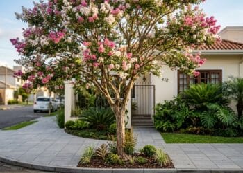 A árvore favoritinha no paisagismo porque além de suas flores não fazerem sujeira, aguenta o sol forte e não quebra o piso com as raizes