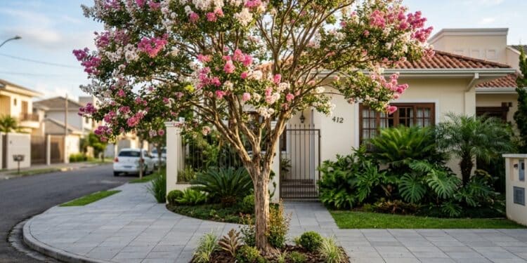 A árvore favoritinha no paisagismo porque além de suas flores não fazerem sujeira, aguenta o sol forte e não quebra o piso com as raizes