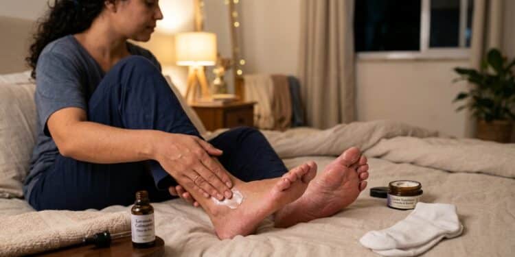Pés de “descanso eterno” com óleo de lavanda: o truque da meia de algodão que relaxa em minutos