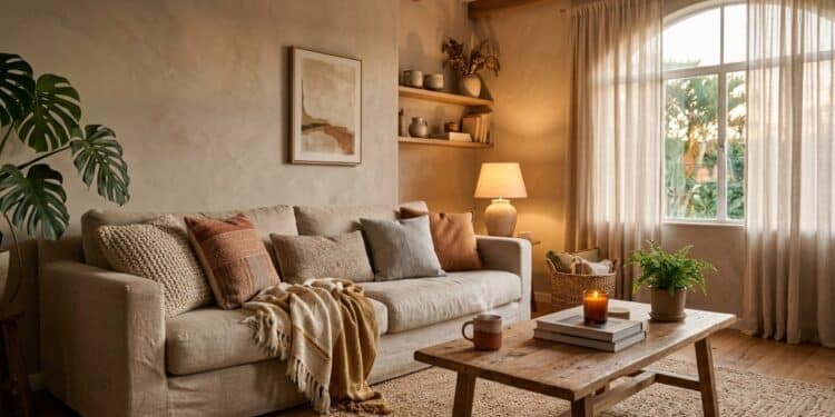 Cores terrosas claras e greige ajudam a reduzir a frieza do branco gelo e deixam a sala mais aconchegante e relaxante