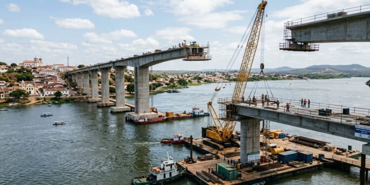 Ponte entre Penedo e Neópolis chega a 50% com 1,18 km e estrutura começa a ganhar forma