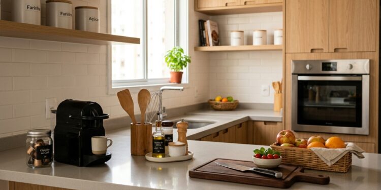 Cozinha funcional com poucos itens visíveis facilita a rotina e melhora o ambiente