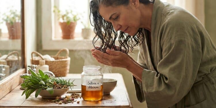 Chá natural com sálvia e alecrim: solução para escurecer cabelos brancos e fortalecer os fios