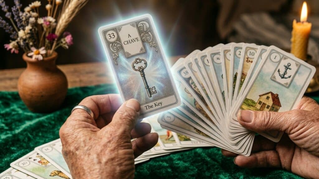 Mãos experientes destacando a carta da Chave sobre veludo esmeralda