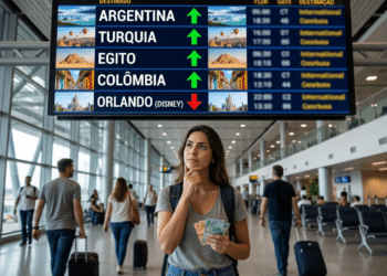 "Argentina, Turquia, Egito e Colômbia são os países onde o real mais valorizou em 2026 e já desbancaram a Disney" (esse é o contexto) quero um telão superior dentro de um aeroporto com os destinos e imagens representando eles (Orlando na disney, Argentina, Turquia, Egito e Colômbia) e uma pessoa abaixo brasileira decidindo com seu dinheiro qual destino escolher