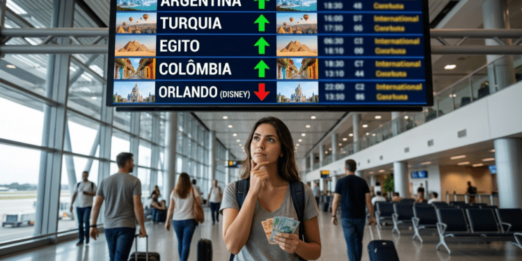"Argentina, Turquia, Egito e Colômbia são os países onde o real mais valorizou em 2026 e já desbancaram a Disney" (esse é o contexto) quero um telão superior dentro de um aeroporto com os destinos e imagens representando eles (Orlando na disney, Argentina, Turquia, Egito e Colômbia) e uma pessoa abaixo brasileira decidindo com seu dinheiro qual destino escolher