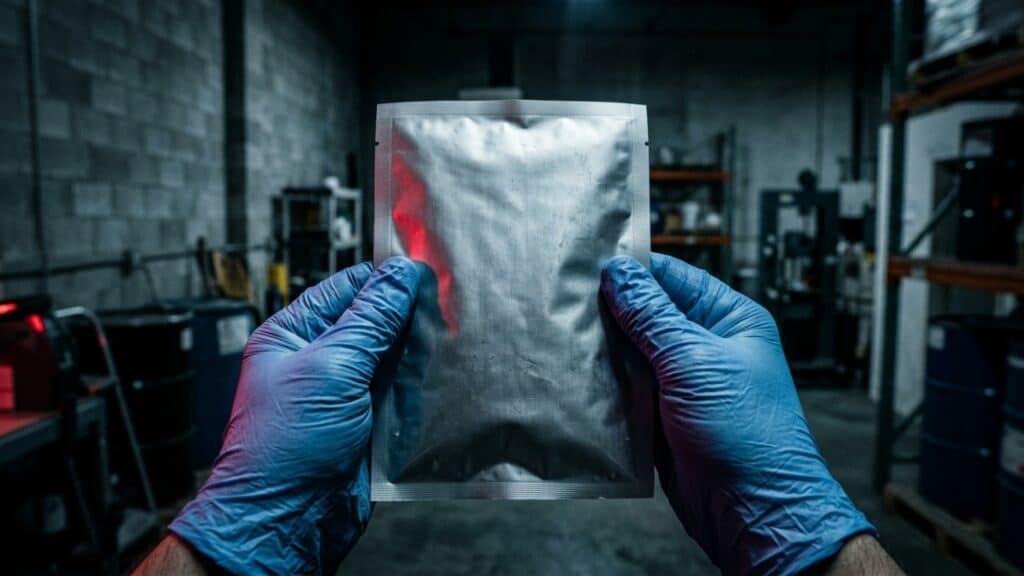 Mãos com luvas azuis segurando embalagem de chá suspeita em galpão escuro