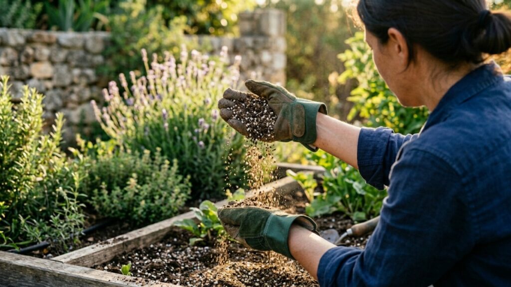 Mãos de jardineiro demonstrando a leveza do solo ideal para lavandas