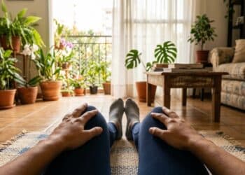 Visão em primeira pessoa de alongamento final em casa