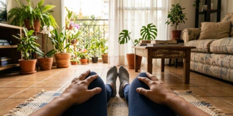 Visão em primeira pessoa de alongamento final em casa