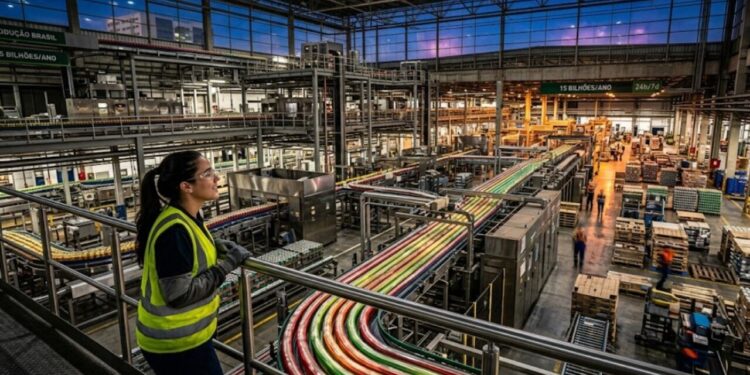 'Gigante das bebidas' controla a maior fábrica do ramo no Brasil que produz 15 bilhões de latas anualmente, funcionando 24 horas por dia e todos os dias da semana