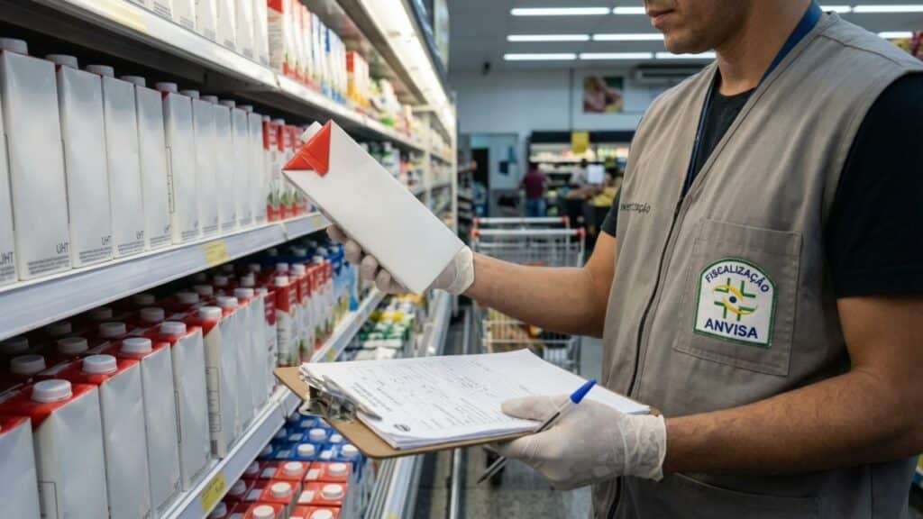 Agente de fiscalização da Anvisa verificando caixa de leite genérica - Imagem ilustrativa