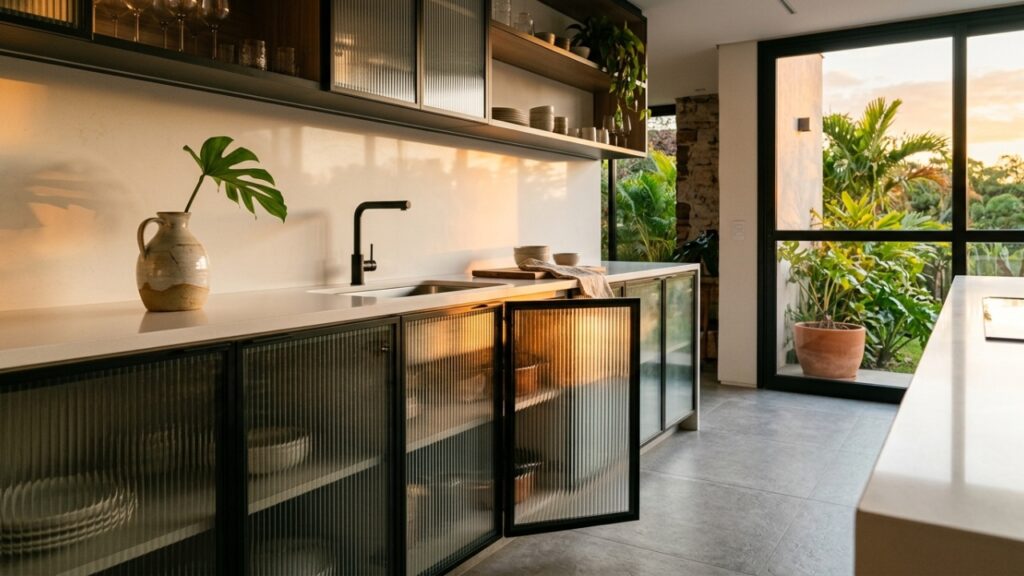 Cozinha moderna com armários de vidro e alumínio sob luz solar