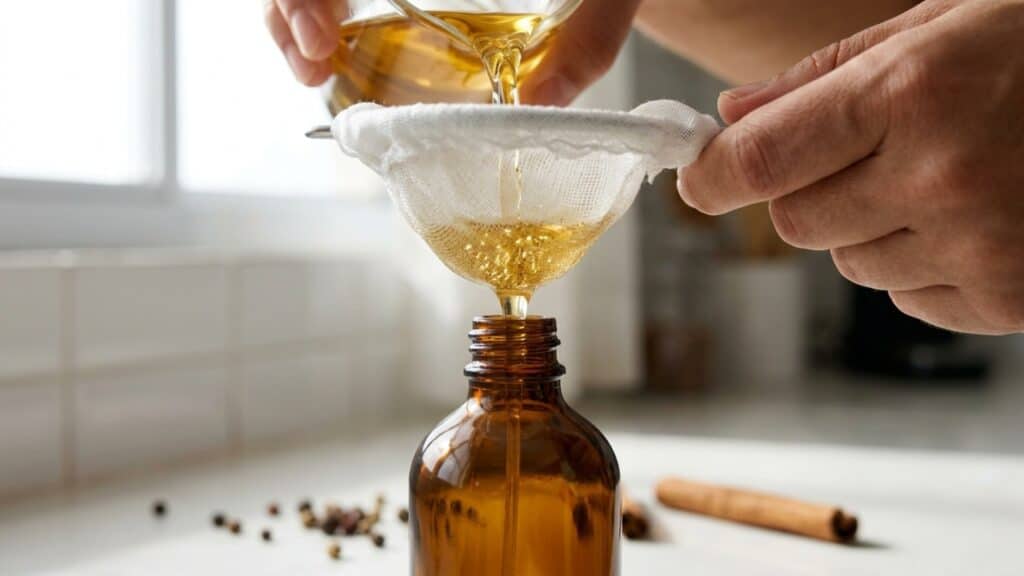 Borrifando aromatizador em cortinas de linho no quarto, simbolizando frescor e limpeza no ambiente