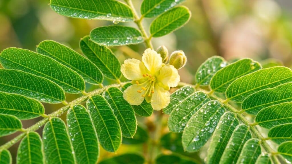 As folhas e flores de uma Sibipiruna ao sol