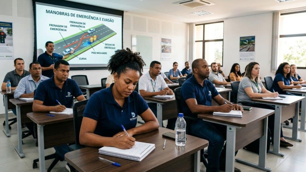 Alunos concentrados durante aula teórica em sala de treinamento governamental