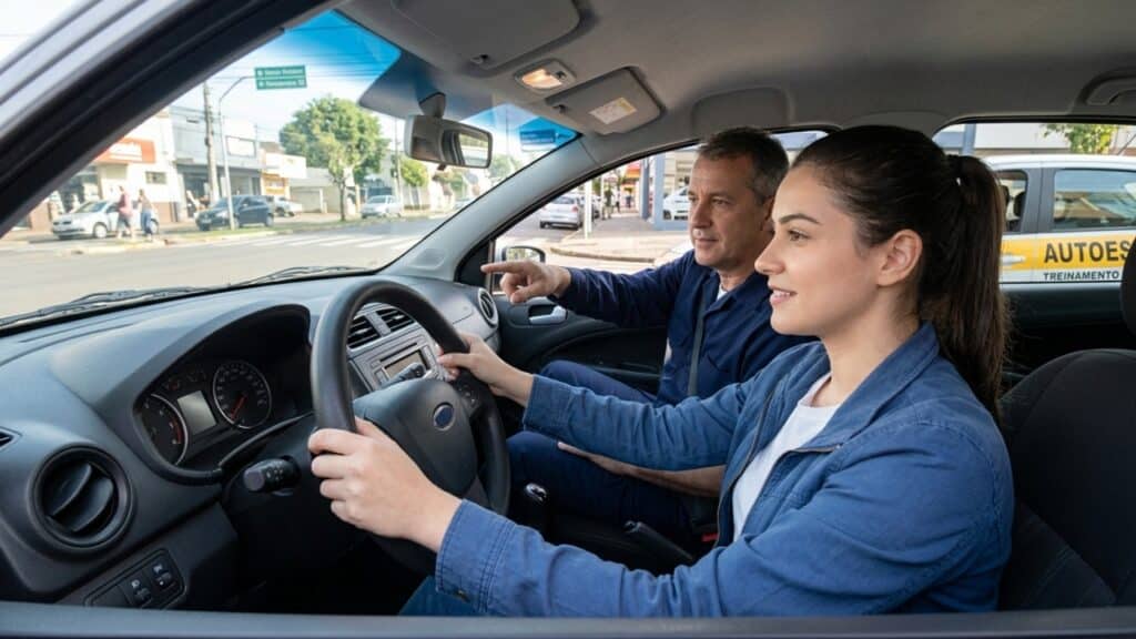 Aluna concentrada durante aula prática de direção em carro de autoescola