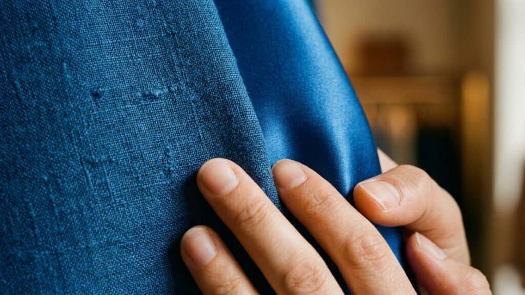 Detalhe tátil do contraste entre o linho rústico e o cetim azul