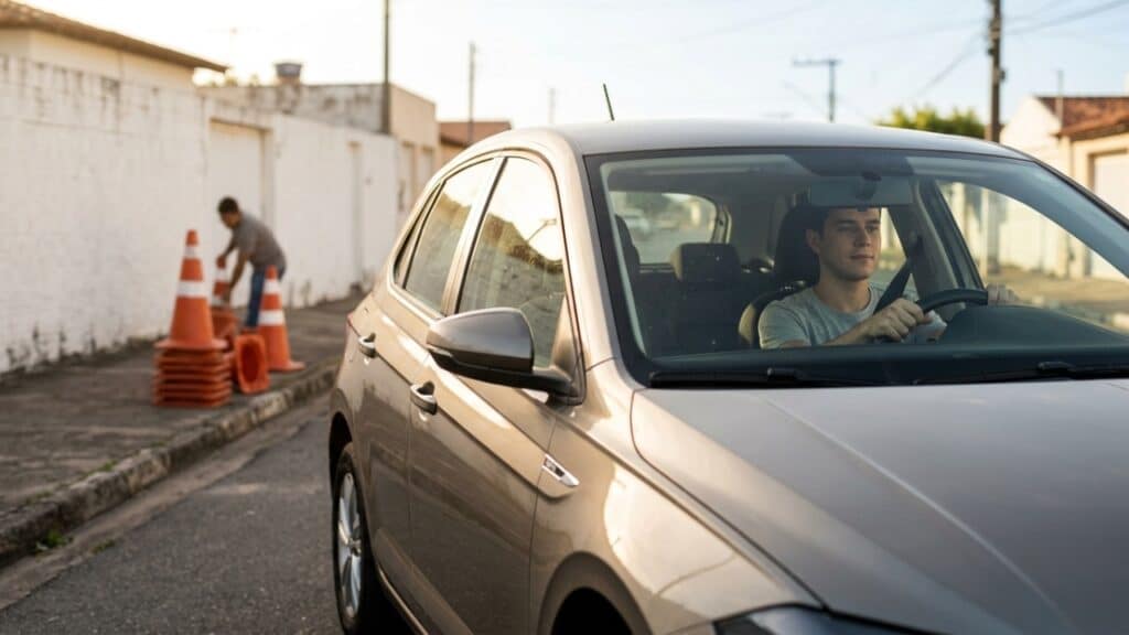 Carro de autoescola em trânsito real com cones de baliza sendo recolhidos ao fundo