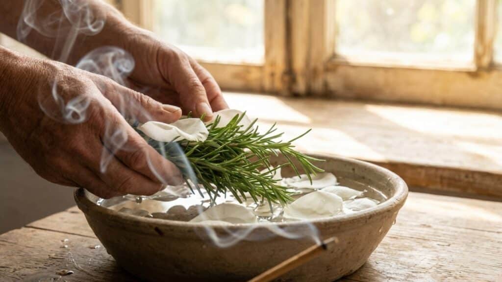 Preparação de banho de ervas com pétalas e fumaça de incenso
