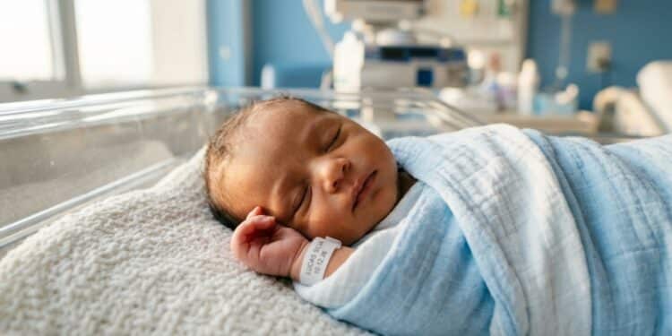 Bebê recém-nascido descansando em ambiente iluminado e seguro